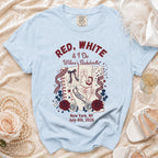 Light blue t-shirt with "Red, White & I Do Willow's Bachelorette" design.