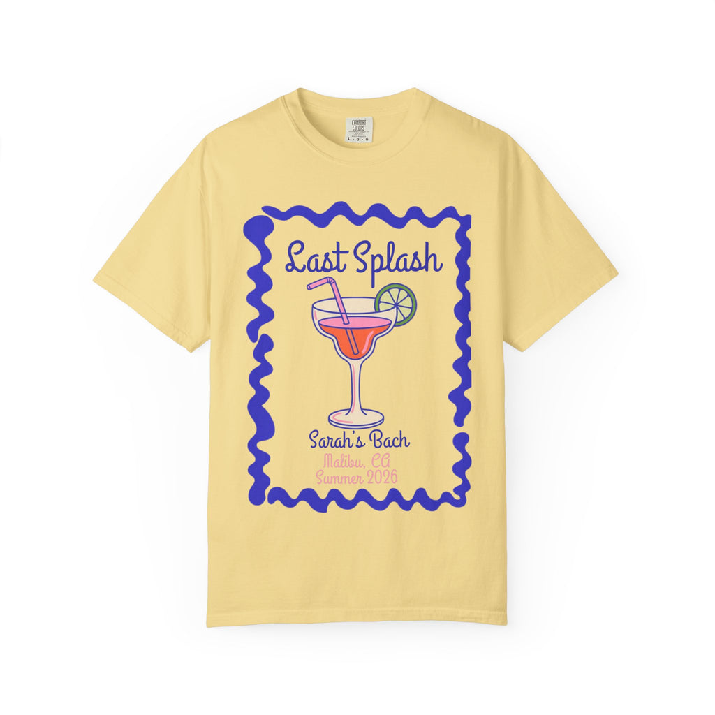 Yellow t-shirt with "Last Splash" cocktail design for Sarah's Bach, Malibu, CA, Summer 2026.