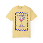 Yellow t-shirt with "Last Splash" cocktail design for Sarah's Bach, Malibu, CA, Summer 2026.