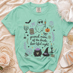 Mint t-shirt with "proud mom of the bride, boo-tiful night" Halloween graphic.
