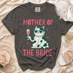 "Mother of the Bride" t-shirt with a cat holding champagne.
