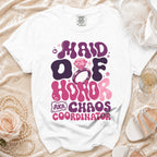 White t-shirt with "Maid of Honor AKA Chaos Coordinator" text and diamond ring graphic.
