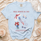 Light blue t-shirt graphic with "RED, WHITE & I DO BRIDE" and bachelorette party details.