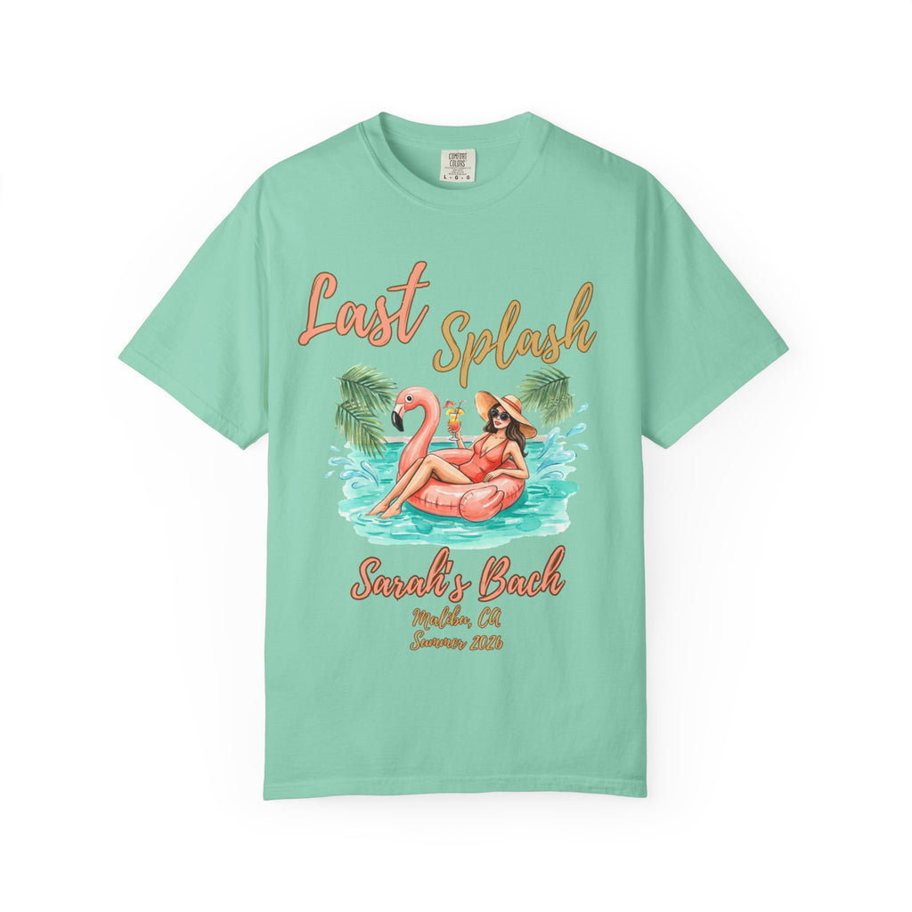 T-shirt with "Last Splash Sarah's Bach Malibu, CA Summer 2024" text and woman on flamingo float.