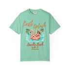 T-shirt with "Last Splash Sarah's Bach Malibu, CA Summer 2024" text and woman on flamingo float.