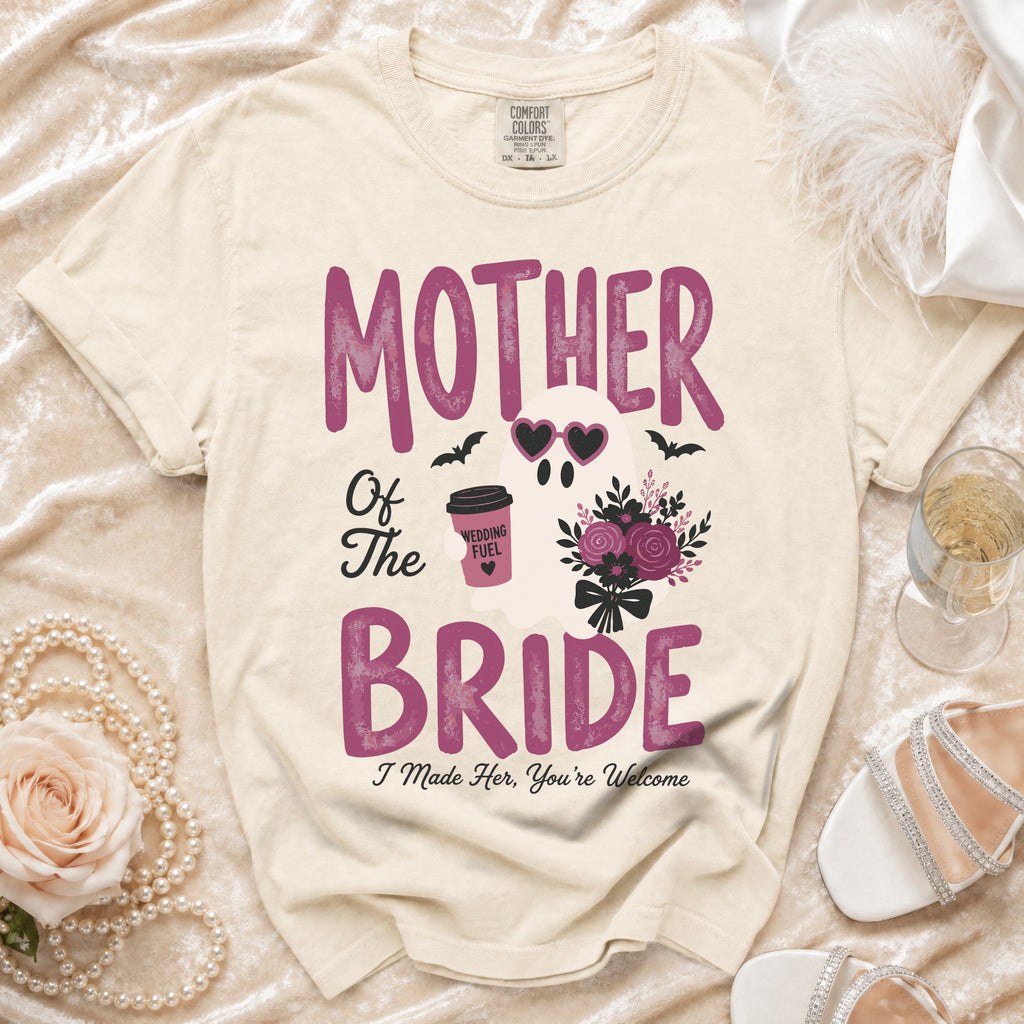 T-shirt with "Mother of The Bride" and ghost graphic.