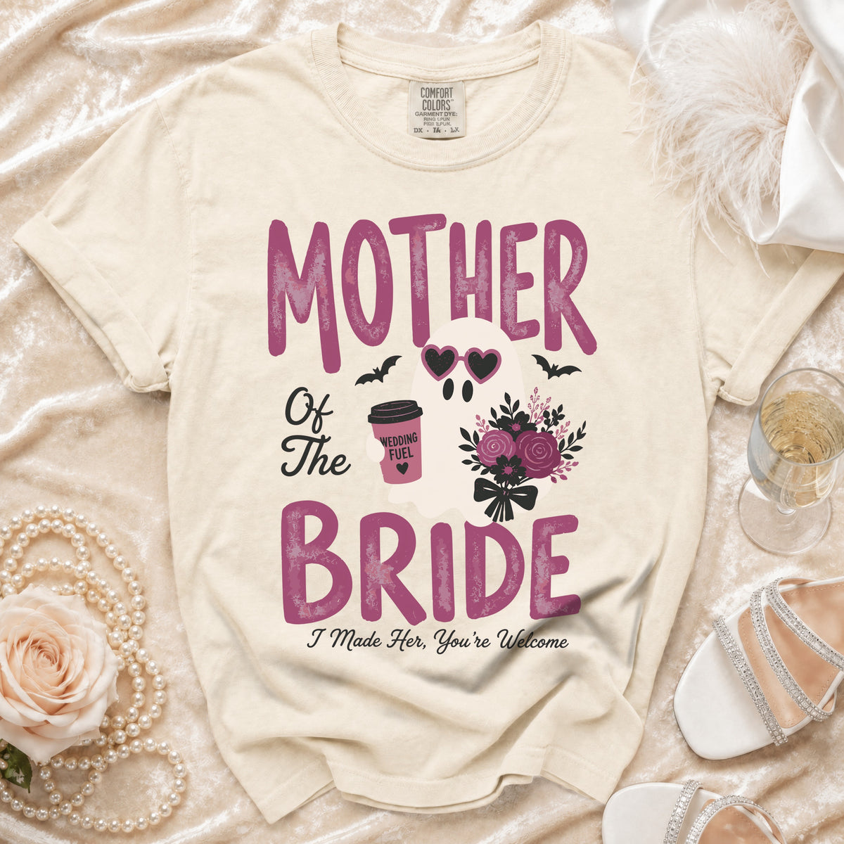 T-shirt with "Mother of The Bride" and ghost graphic.