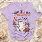 Purple t-shirt with "Mother of the Bride I Raised Her I Matched The Chaos" text and ghost graphic.