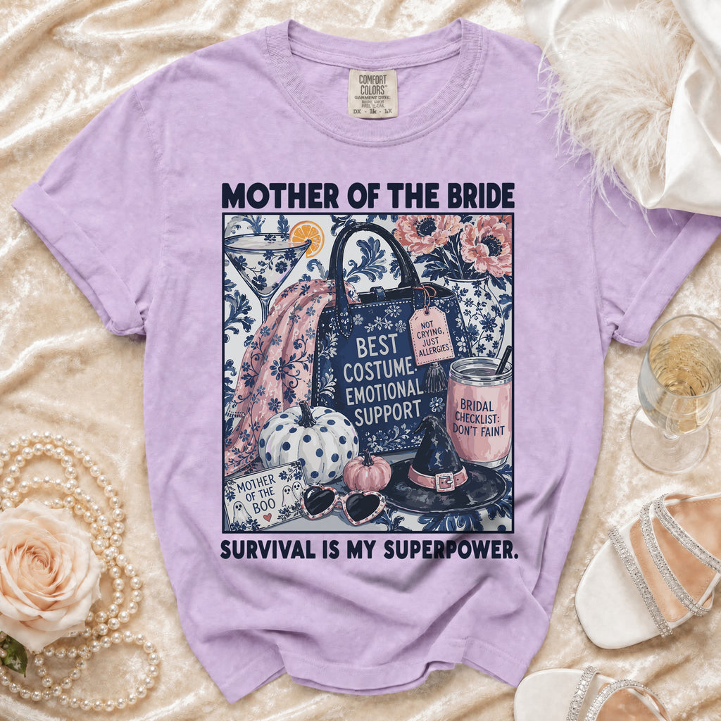 Lavender t-shirt with "Mother of the Bride" graphic and "Survival is my superpower" text.