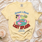 Yellow t-shirt with "Sarah's Bach Last Splash Malibu, CA Summer 2026" text and flamingo graphic.