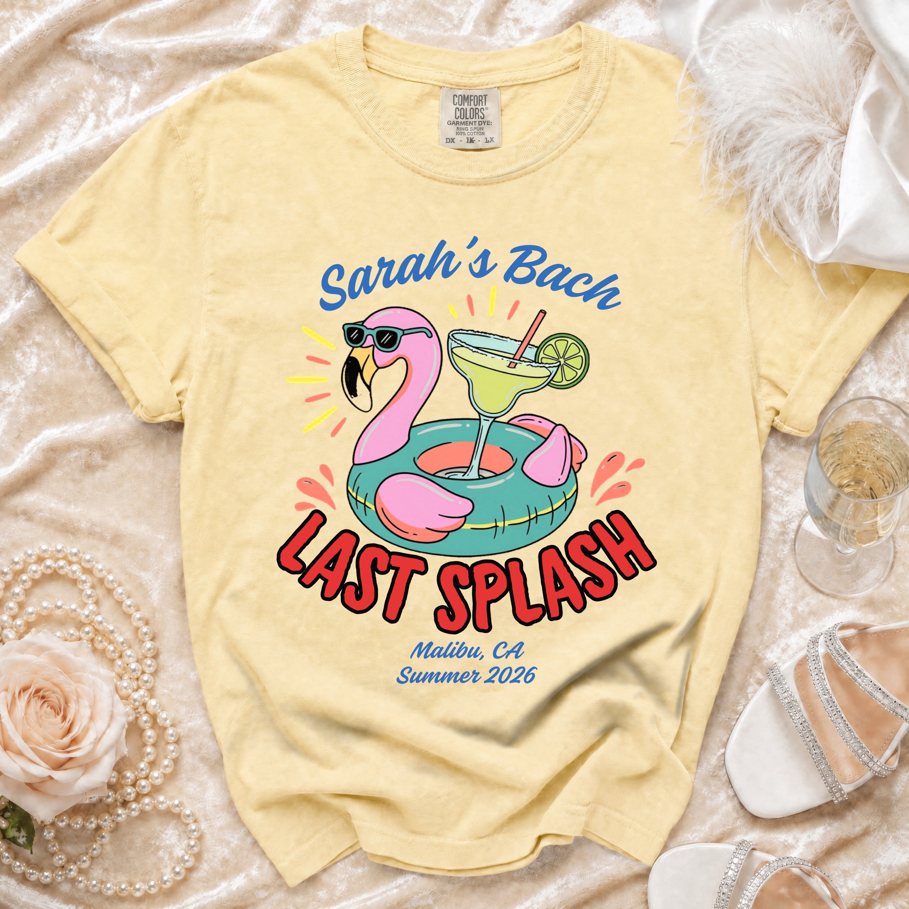 Yellow t-shirt with "Sarah's Bach Last Splash Malibu, CA Summer 2026" text and flamingo graphic.
