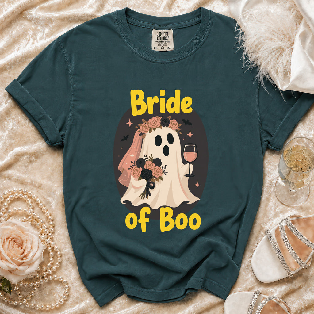 Dark teal t-shirt with "Bride of Boo" text and a ghost bride graphic.