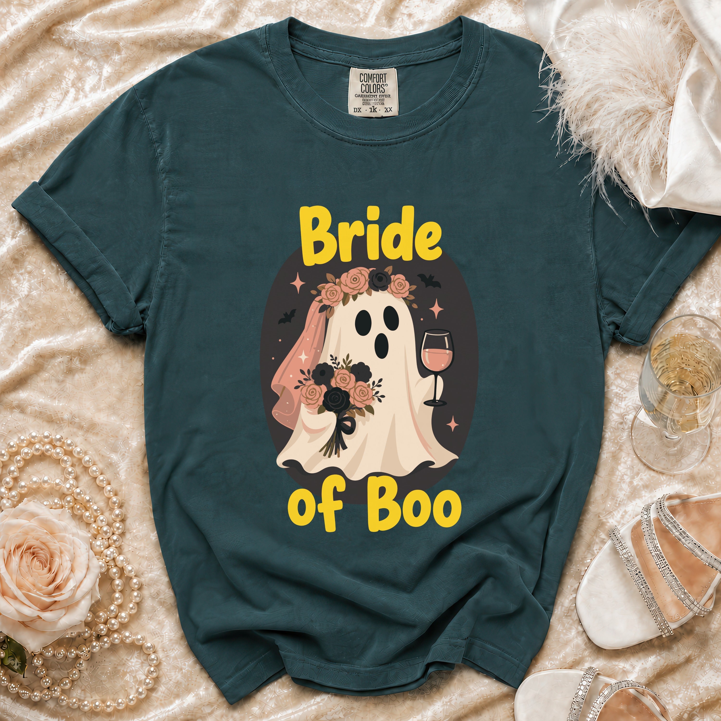 Dark teal t-shirt with "Bride of Boo" text and a ghost bride graphic.