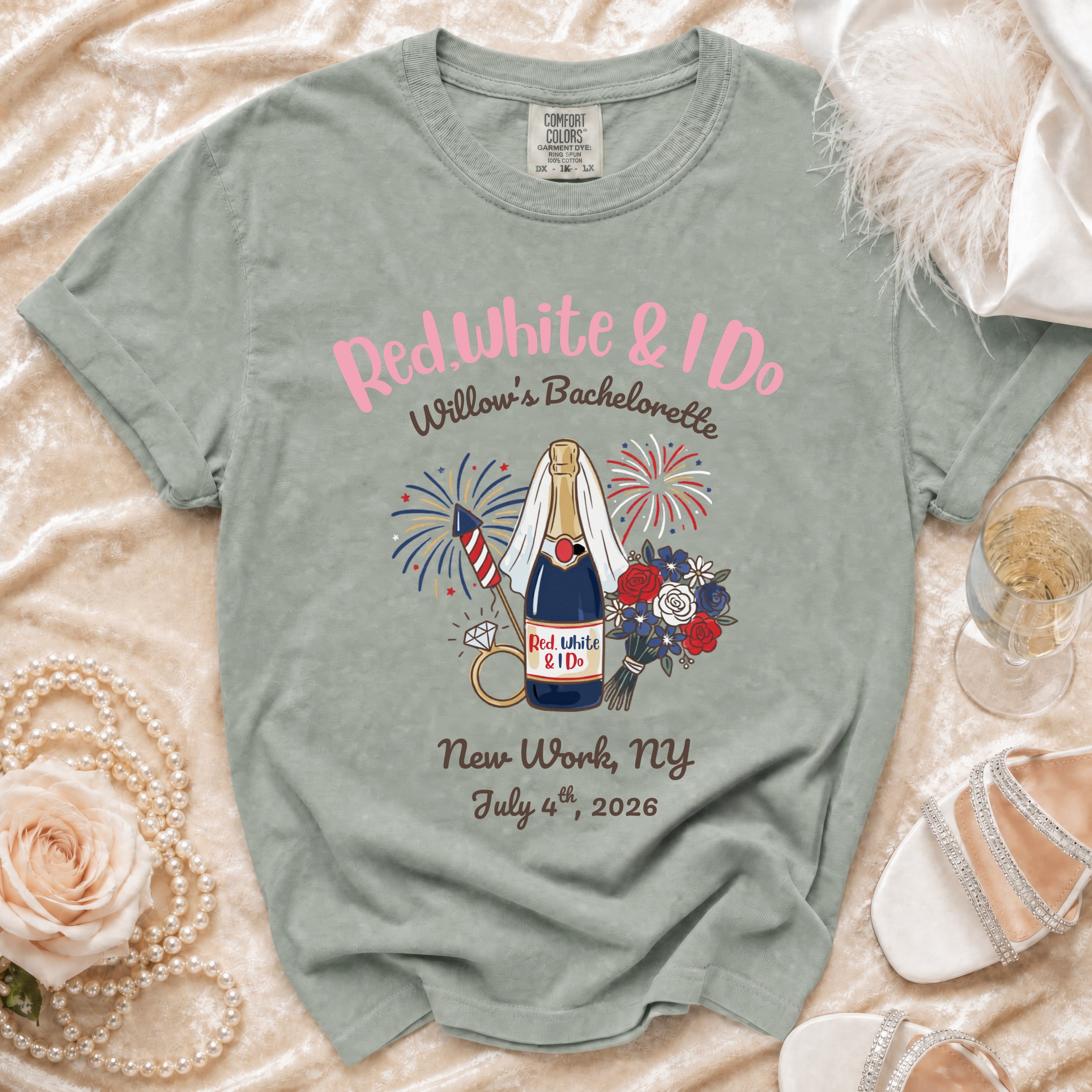 Red White & I Do Willow's Bachelorette t-shirt with New York location and date.
