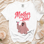 White t-shirt with "Mother of the Bride...boo!" text and a pink ghost with a cocktail.