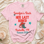 Pink t-shirt with "Jennifer's Bach Her Last Rodeo Nashville, TN Summer 2026" text.