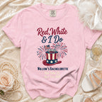Pink t-shirt with "Red, White & I Do" and bachelorette details.