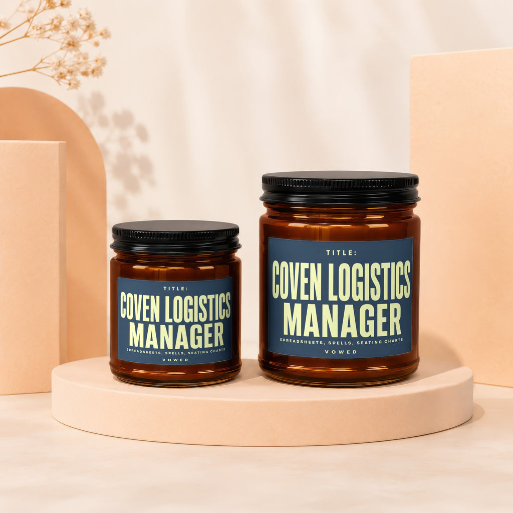 Two amber glass jars with black lids featuring labels for "Coven Logistics Manager".