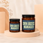 Two amber glass jars with black lids featuring labels for "Coven Logistics Manager".