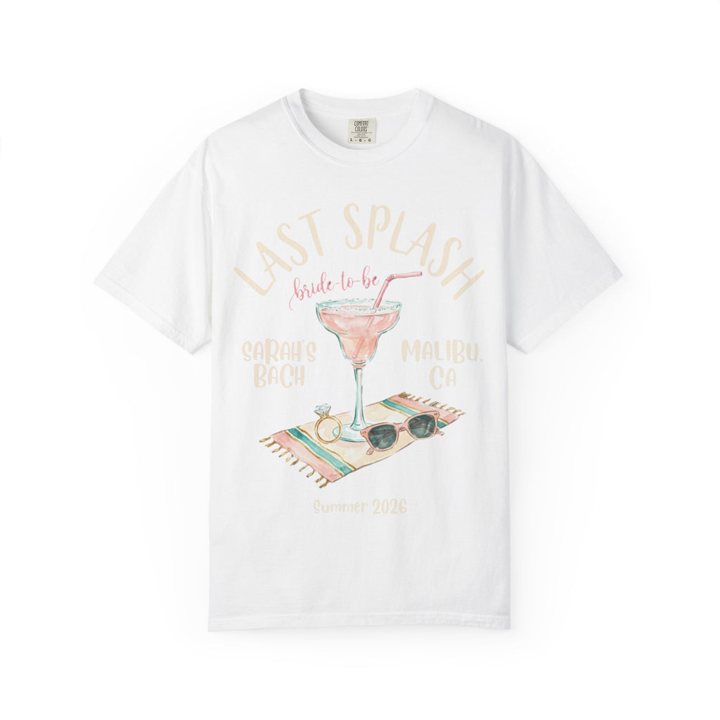 White t-shirt with "Last Splash Bride-to-be Malibu CA" text and cocktail graphic.