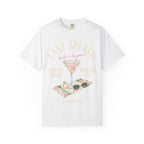 White t-shirt with "Last Splash Bride-to-be Malibu CA" text and cocktail graphic.