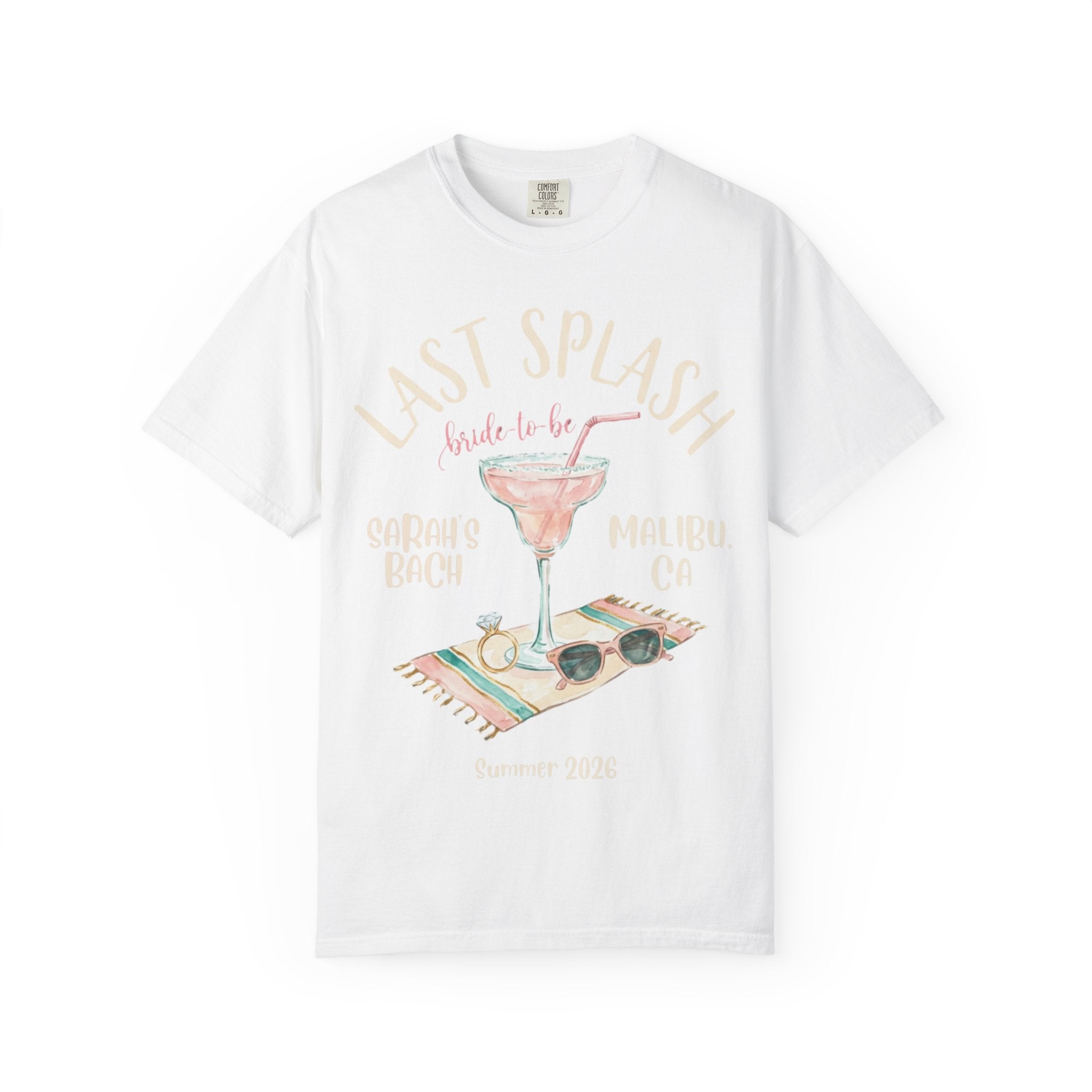 White t-shirt with "Last Splash Bride-to-be Malibu CA" text and cocktail graphic.