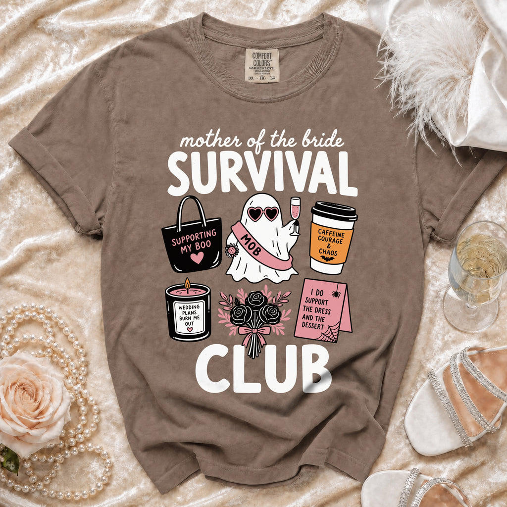 Brown t-shirt with "Mother of the Bride Survival Club" graphic.