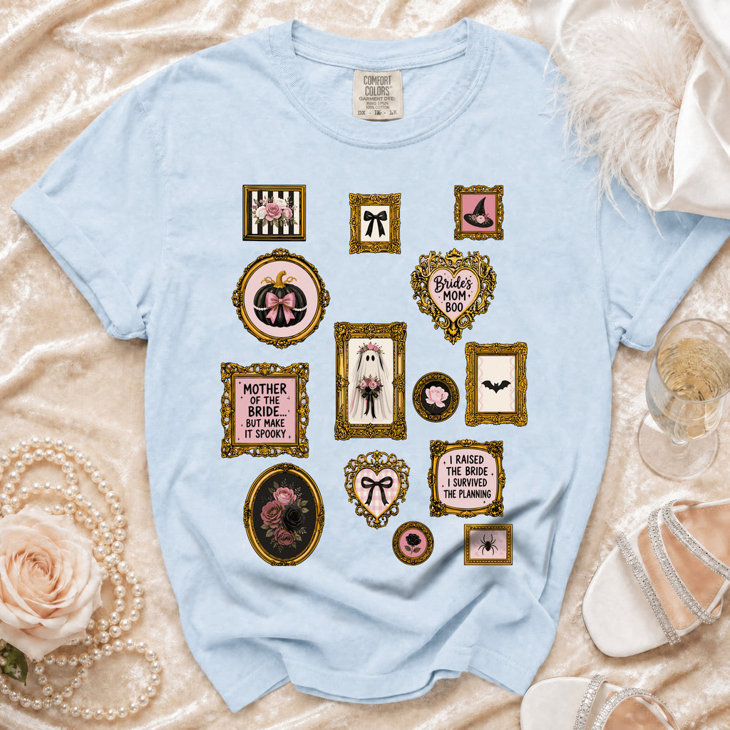 Light blue t-shirt with vintage frames featuring spooky and bridal designs and text.