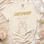 T-shirt with "Last Splash Sarah's Bach Malibu, CA - Summer 2026" and champagne glasses.