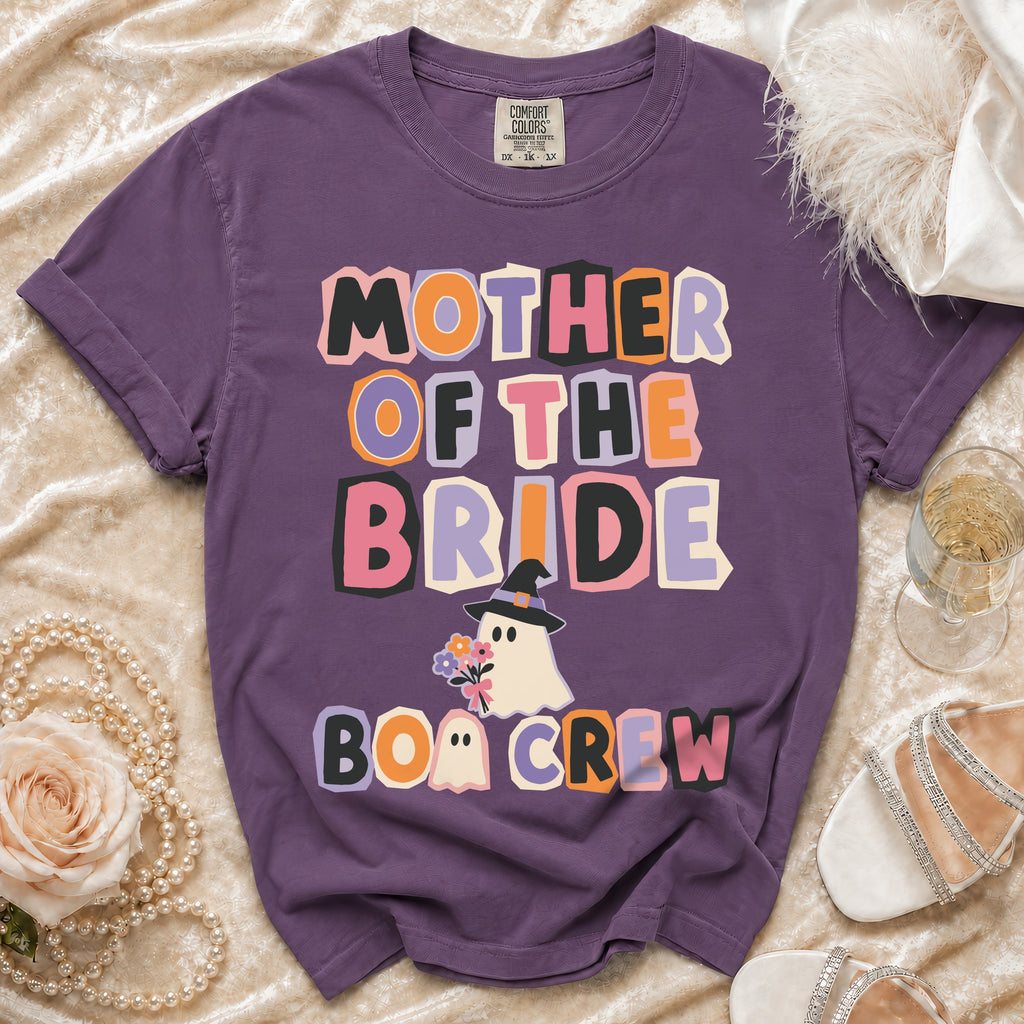 Purple t-shirt with "Mother of the Bride Boo Crew" text and a ghost graphic.