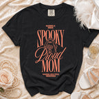 Black t-shirt with "Raising a Bride Spooky Proud Mom Raising Boo-tiful Memories" text.
