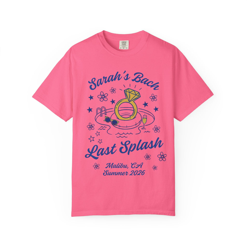 Pink t-shirt with "Sarah's Bach Last Splash Malibu, CA Summer 2026" text and graphics.