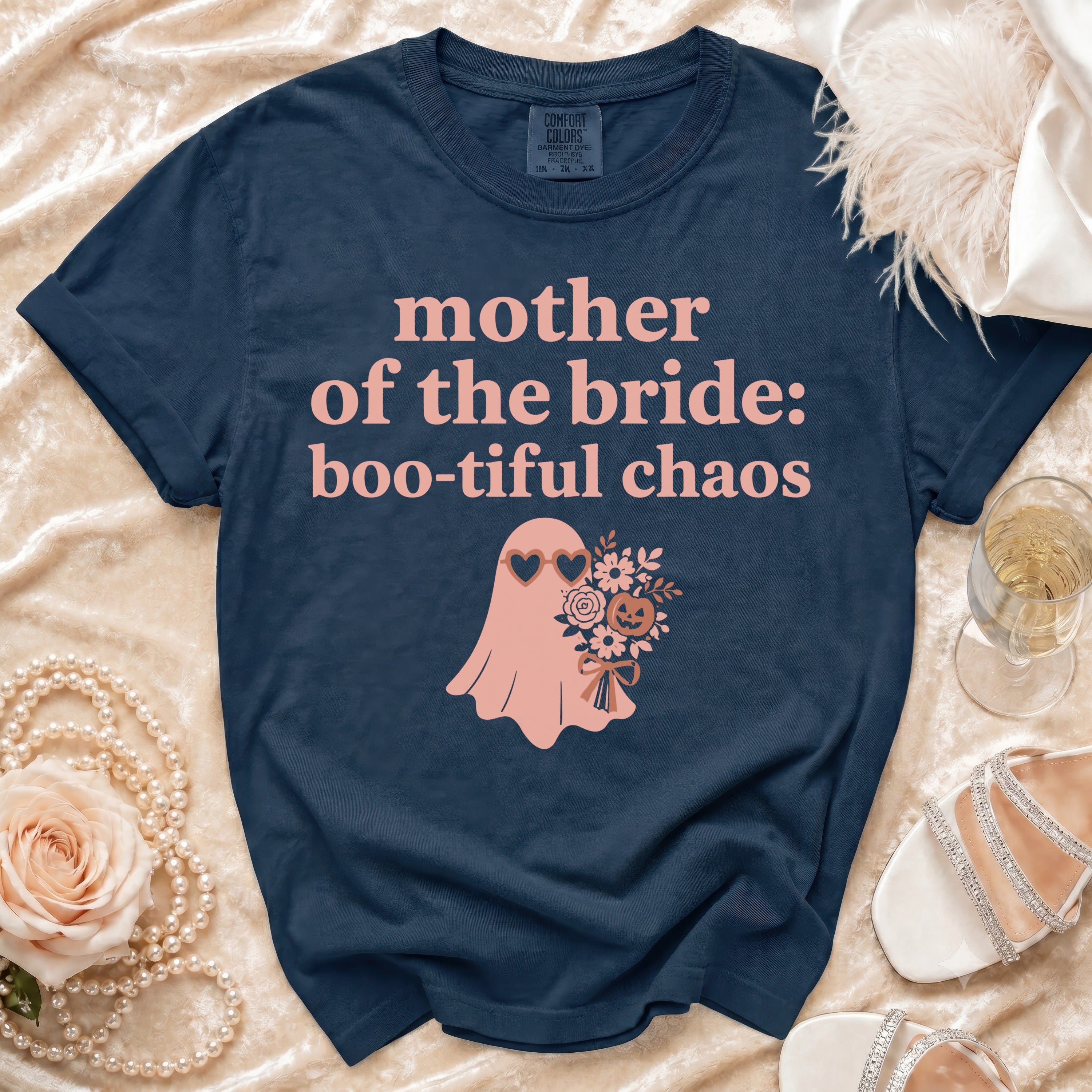 Navy t-shirt with "mother of the bride: boo-tiful chaos" text and ghost graphic.