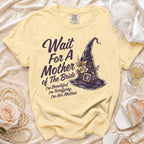 Yellow t-shirt with "Wait For A Mother of The Bride" and witch hat graphic.