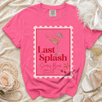 Pink t-shirt with "Last Splash Sarah's Bach Malibu CA Summer 2026" graphic.