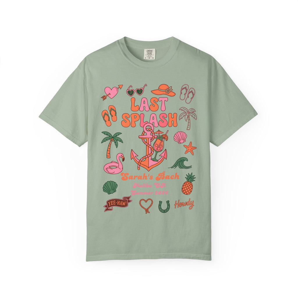 T-shirt with "Last Splash" and beach-themed graphics, Sarah's Bach, Malibu CA.