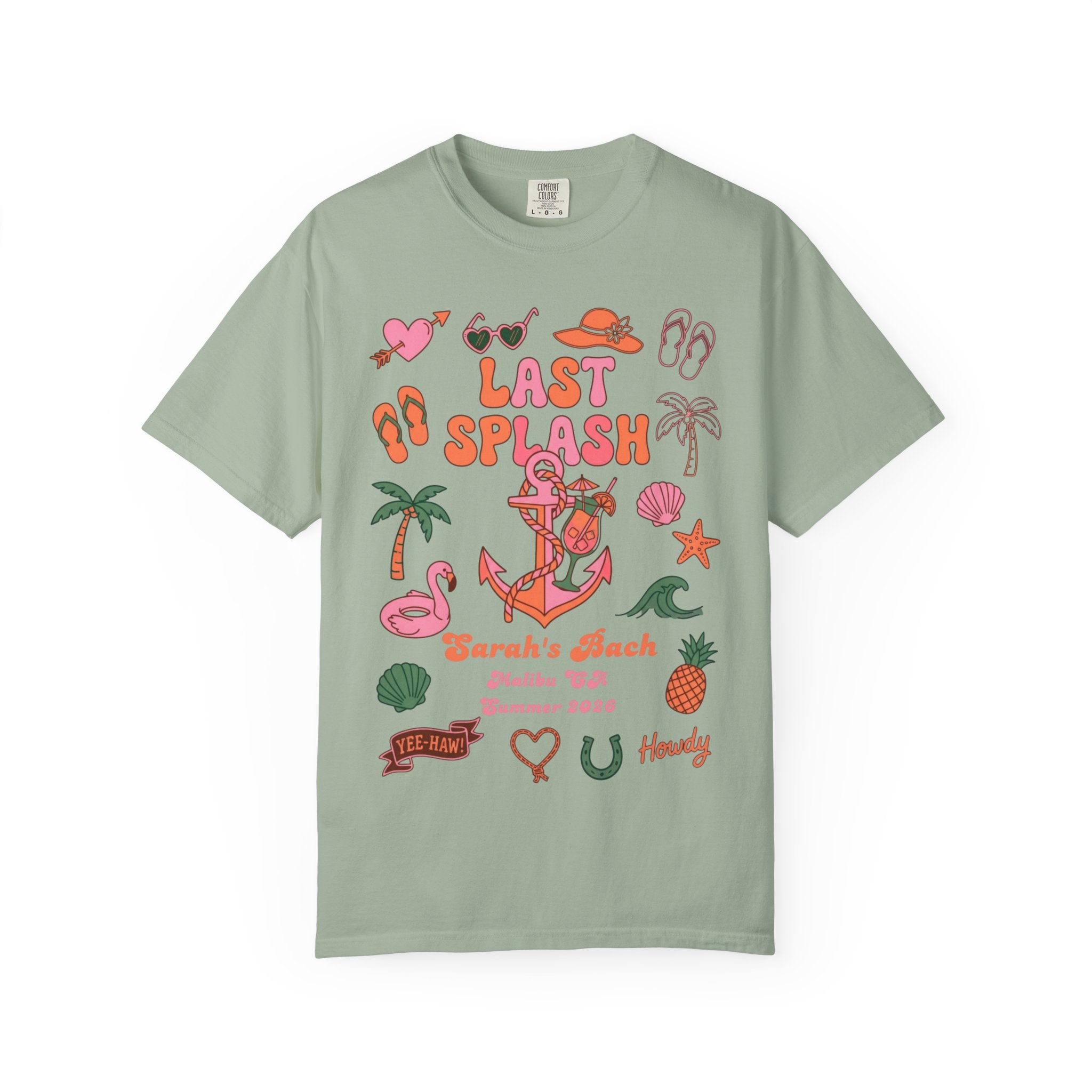 T-shirt with "Last Splash" and beach-themed graphics, Sarah's Bach, Malibu CA.