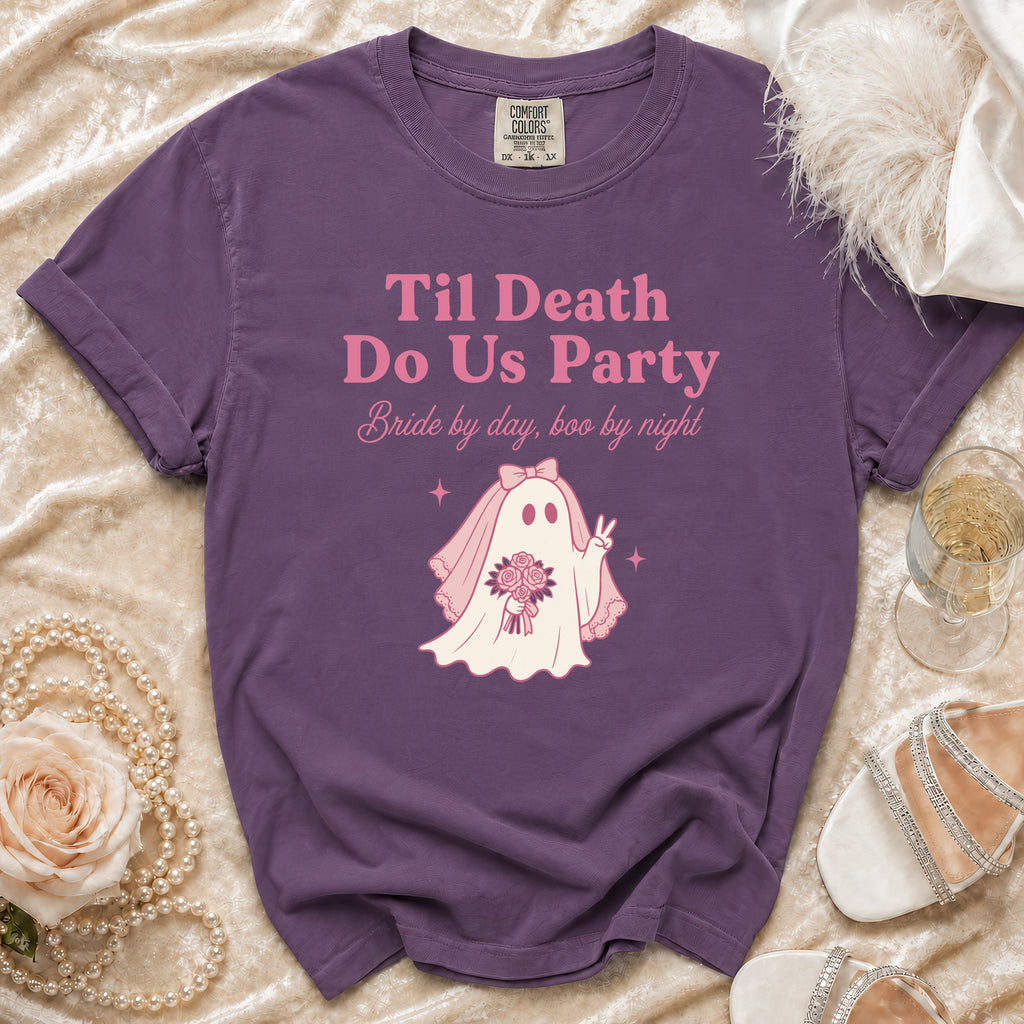 Purple t-shirt with "Til Death Do Us Party" and ghost bride graphic.