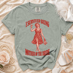 T-shirt with red graphic of woman holding cocktail and text "I SURVIVED BEING MOTHER OF THE BRIDE".