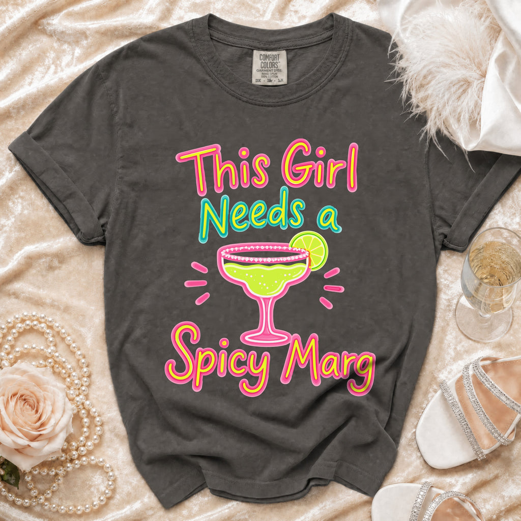Gray t-shirt with neon graphic text "This Girl Needs a Spicy Marg".