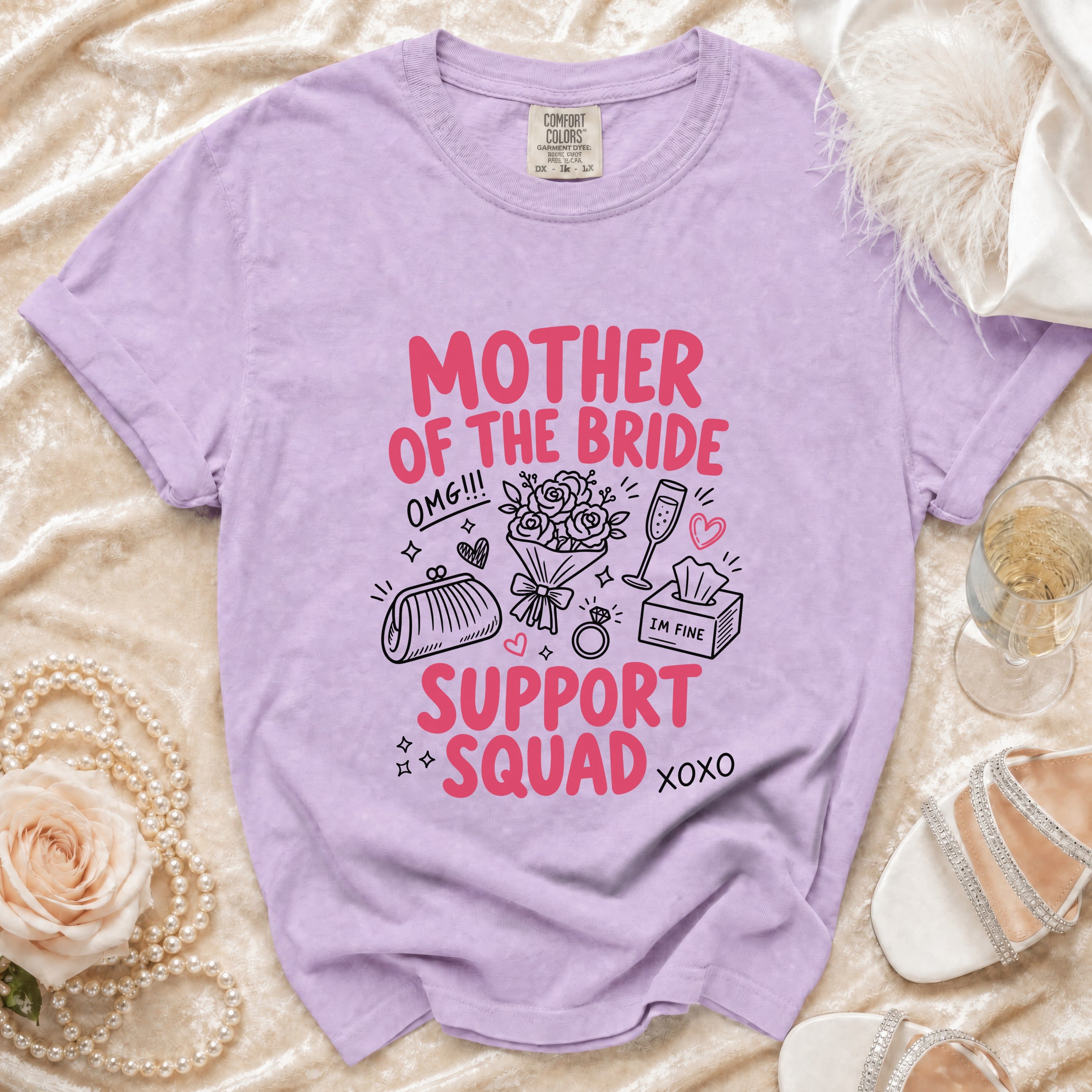 Lavender t-shirt with "Mother of the Bride Support Squad" graphic and icons.