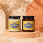 Two candles with yellow labels reading "I feel lucky to call you Mom."