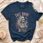 Navy t-shirt with skeleton bride graphic and text "THIS BRIDE BITES".