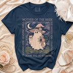 Navy t-shirt with ghost in witch hat, "Mother of the Bride" text, and "Chaos Coordinator" coffee cup.