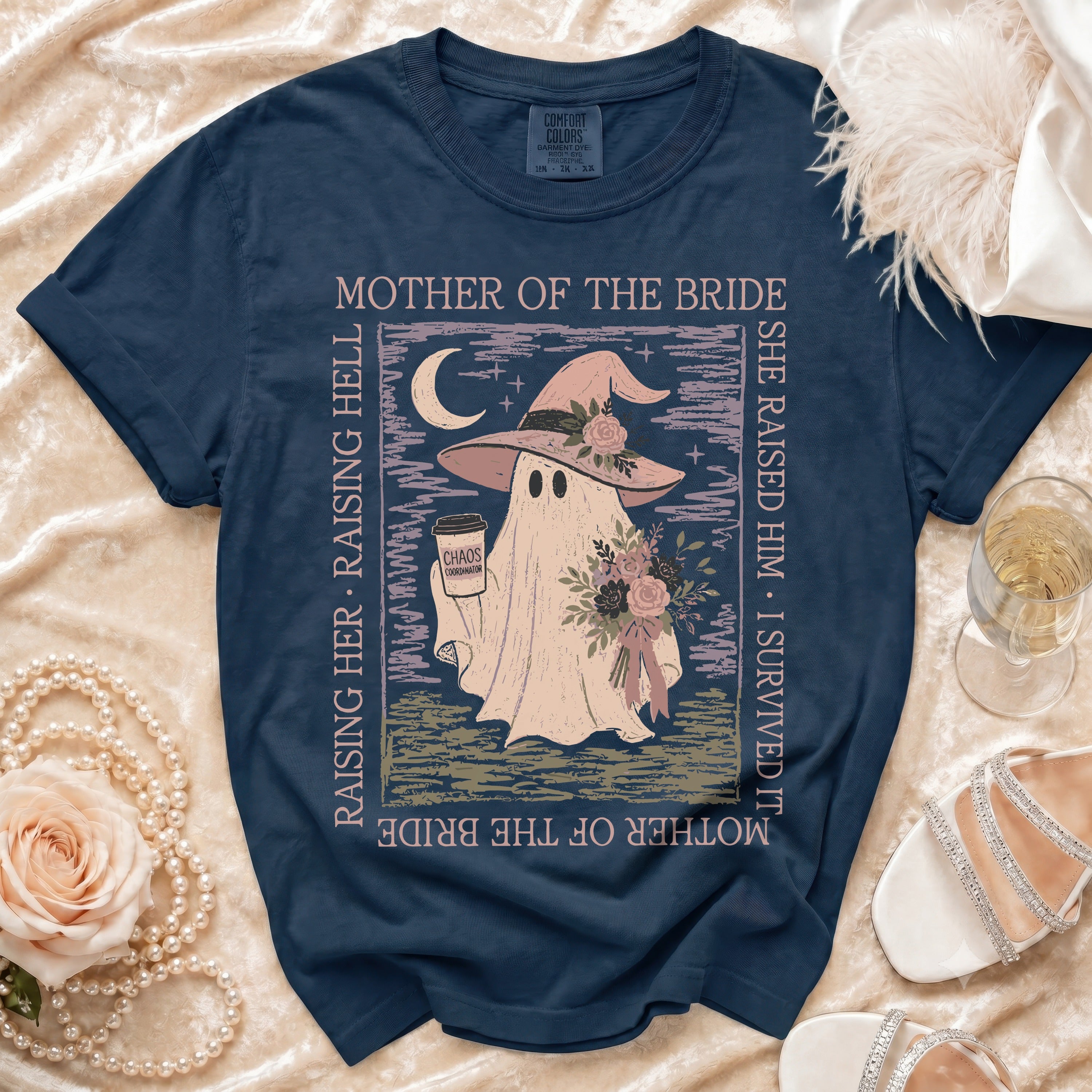 Navy t-shirt with ghost in witch hat, "Mother of the Bride" text, and "Chaos Coordinator" coffee cup.