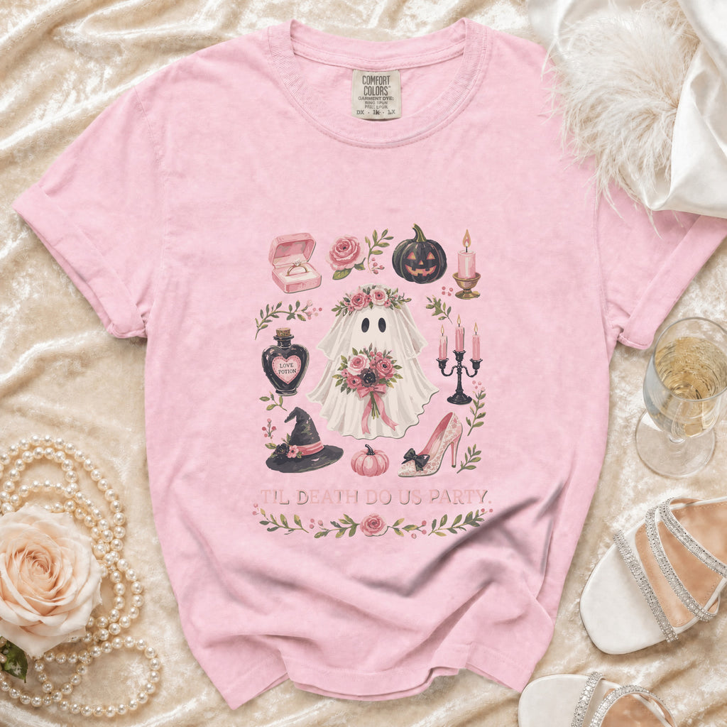 Pink t-shirt with "Til Death Do Us Party" and ghost bridal design.
