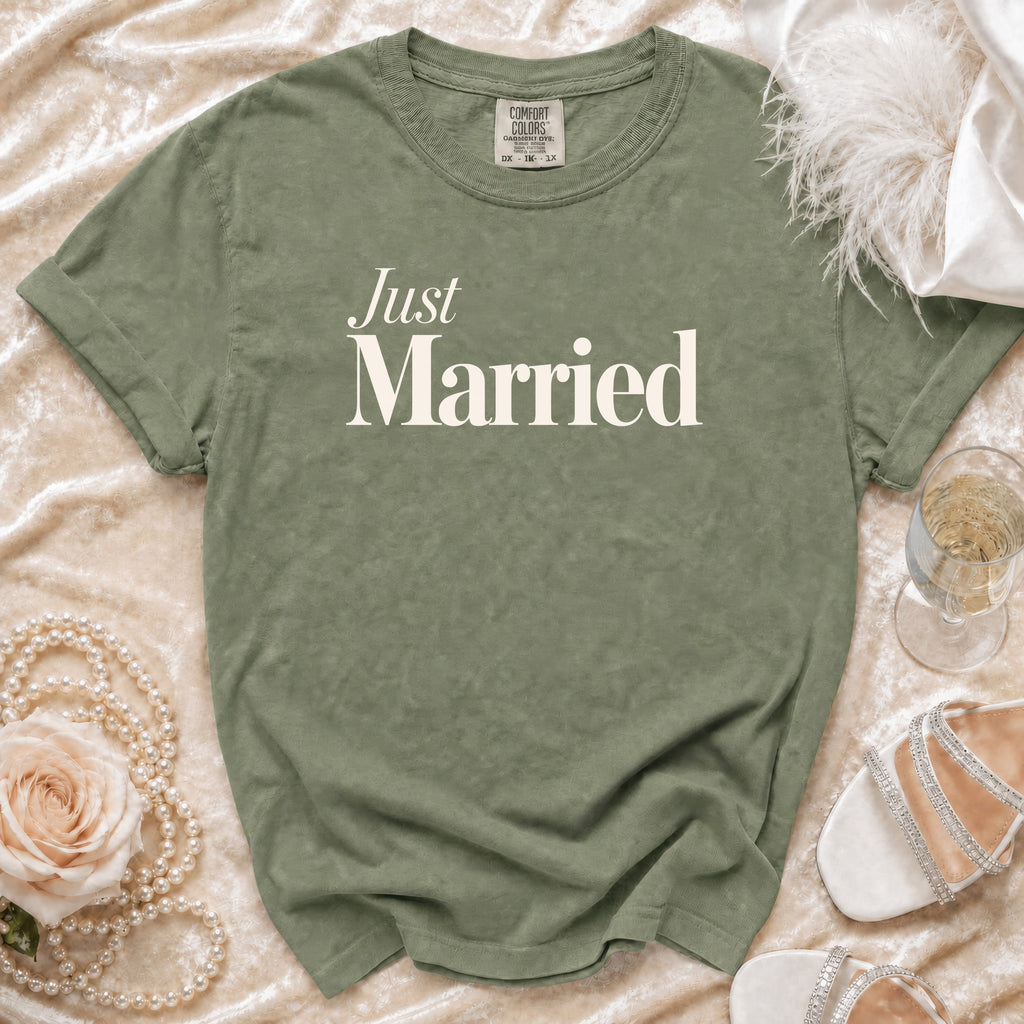 Sage green t-shirt with "Just Married" text and Comfort Colors tag.