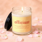 Candle with a label that reads "officiant noun" and a definition.
