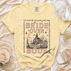 Yellow t-shirt with "Bride Over Boos" and spooky wedding graphic.