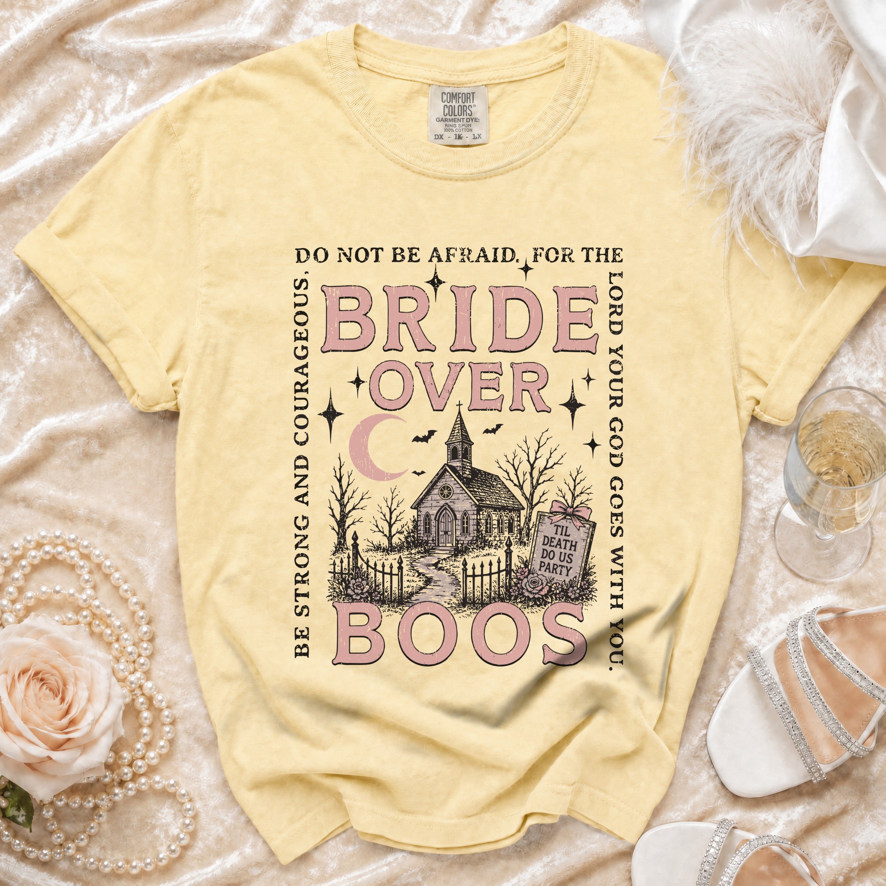 Yellow t-shirt with "Bride Over Boos" and spooky wedding graphic.